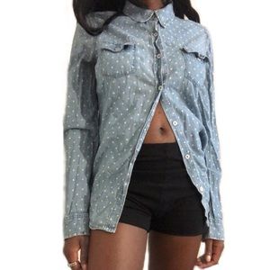 Light blue jean polka dot button up shirt